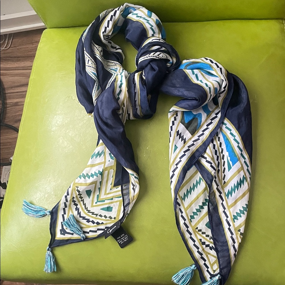 Cejon Navy, Teal & White Geometric Tassel Scarf